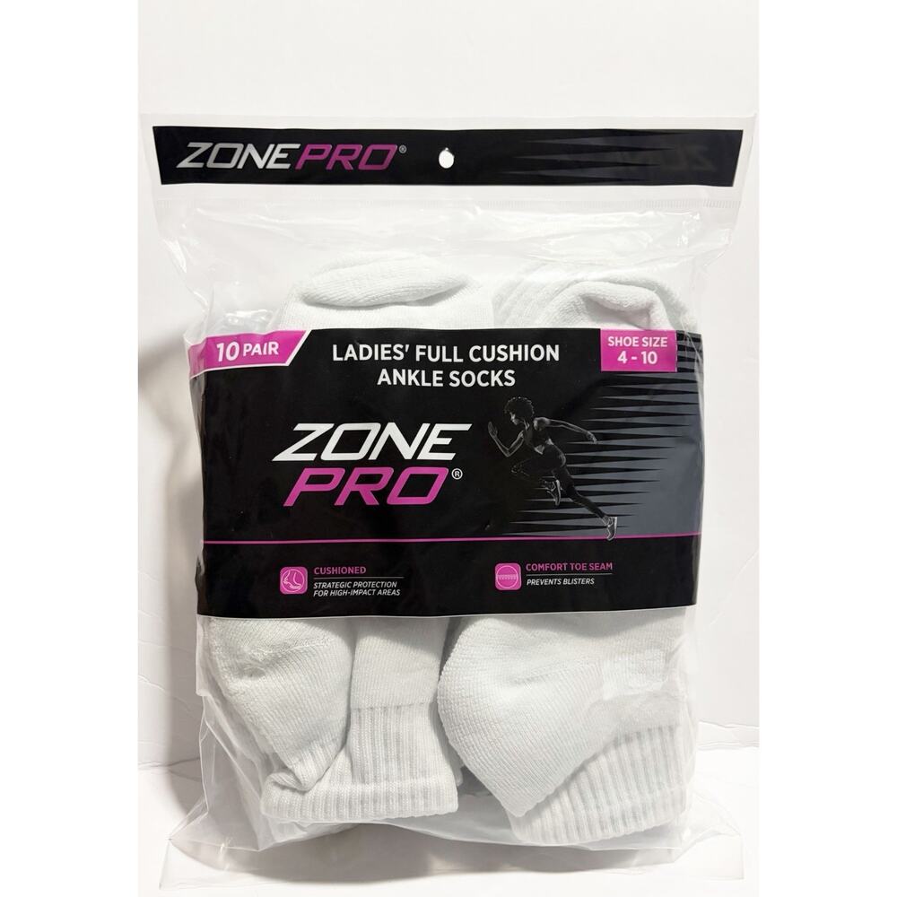 Zone Pro Womens Full Cushion Ankle Socks 10 Pair White Size 4-10 Comfort NEW